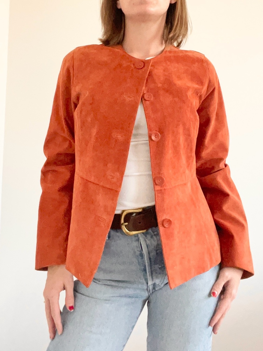 Vintage Leather Suede Button Jacket in Burnt Orange